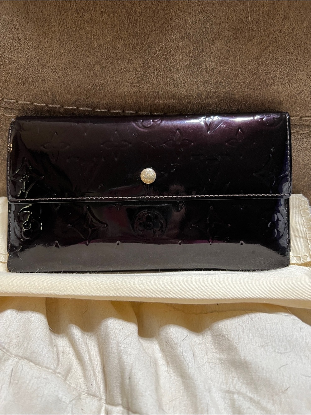 Louis Vuitton Patent Monogram Long Wallet in Deep Plum-Black Sheen